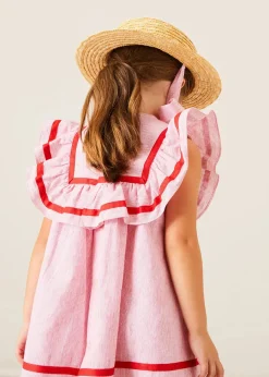 Pepa London Lawrence Striped Ruffle Bib Sleeveless Dress in Red (12mths-8yrs) | Plain Cardigan in Cream (6mths-10yrs) | Mary Jane Leather Baby Shoes in Ivory (20-24EU) | Openwork short socks White (0mths-8yrs)