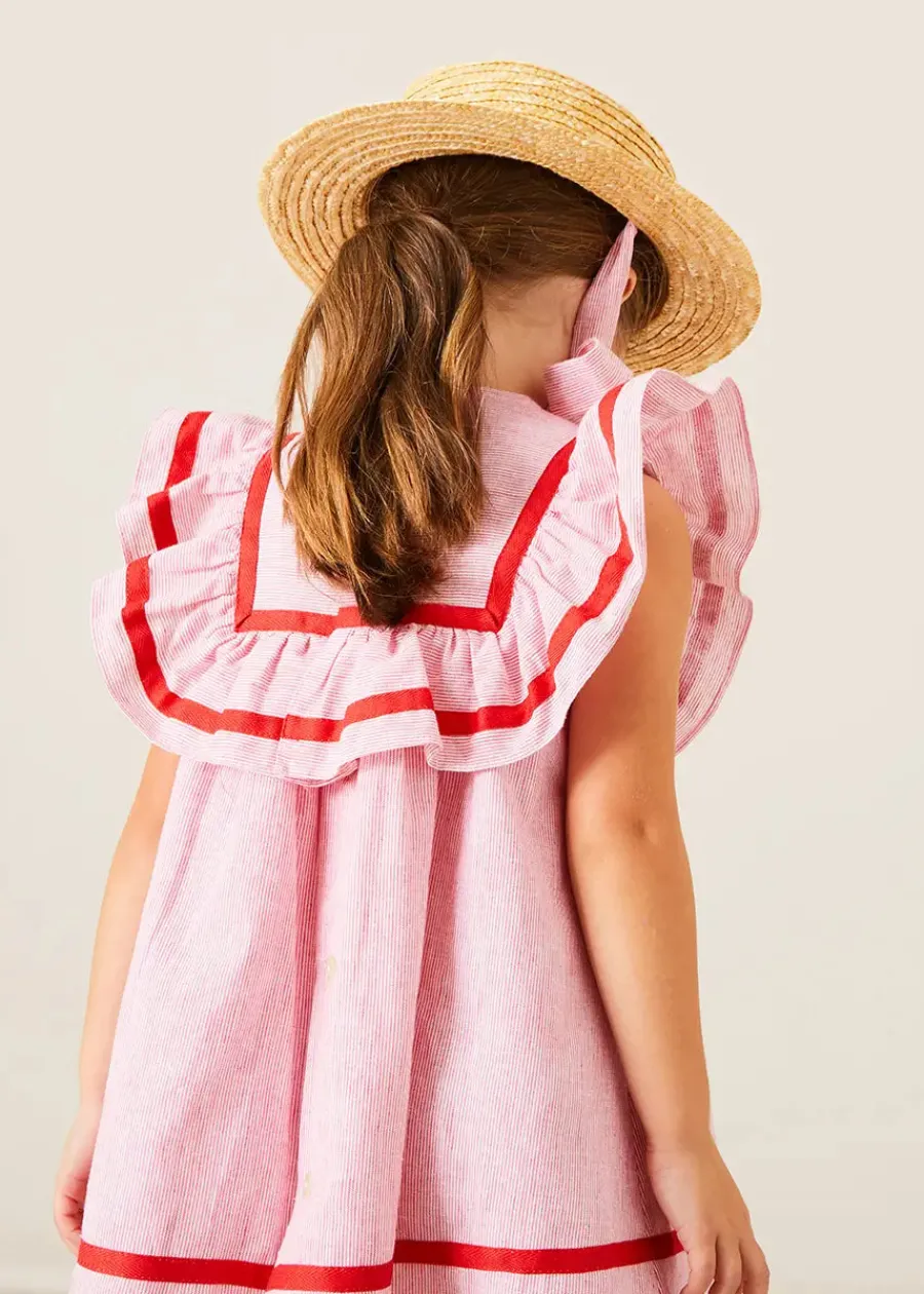 Pepa London Lawrence Striped Ruffle Bib Sleeveless Dress in Red (12mths-8yrs) | Plain Cardigan in Cream (6mths-10yrs) | Mary Jane Leather Baby Shoes in Ivory (20-24EU) | Openwork short socks White (0mths-8yrs)