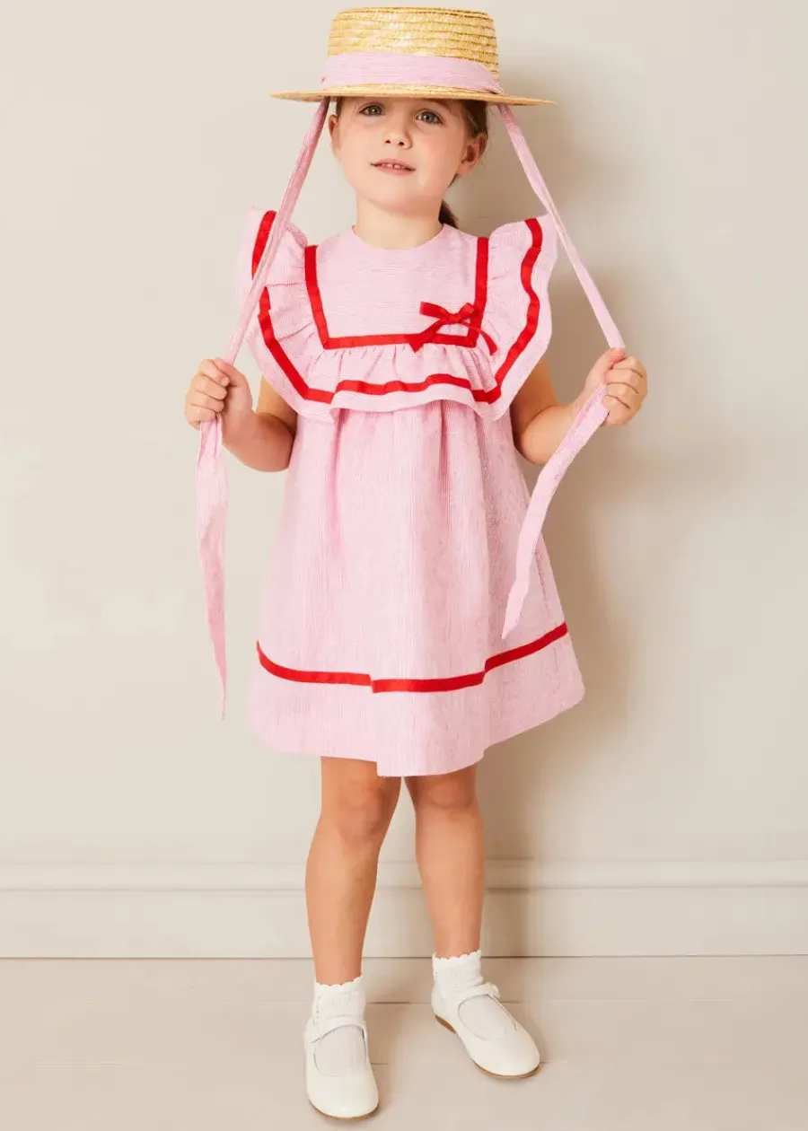 Pepa London Lawrence Striped Ruffle Bib Sleeveless Dress in Red (12mths-8yrs)
