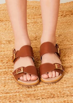 Pepa London Leather Buckle Detail Sandals in Camel (24-34EU)