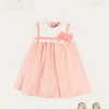Pepa London Linen Blend Trapeze Dress in Peach Orange (12mths-10yrs) | Openwork Cotton Cardigan in Cream (6mths-10yrs) | Girls Ivory Leather Mary Jane Shoes (20-34EU) | Traditional Big Bow Tulle Hairband in Ivory