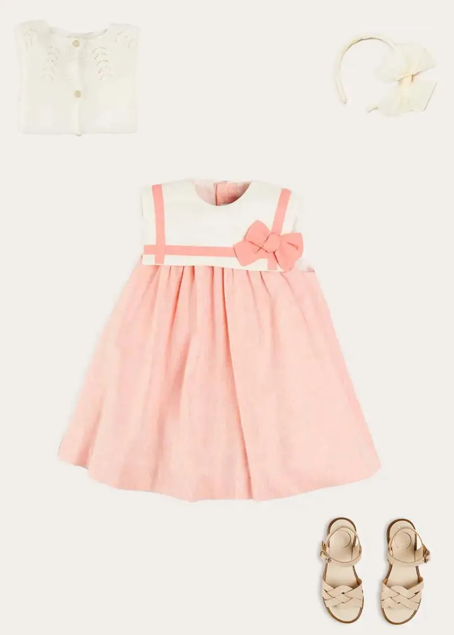 Pepa London Linen Blend Trapeze Dress in Peach Orange (12mths-10yrs) | Openwork Cotton Cardigan in Cream (6mths-10yrs) | Girls Ivory Leather Mary Jane Shoes (20-34EU) | Traditional Big Bow Tulle Hairband in Ivory