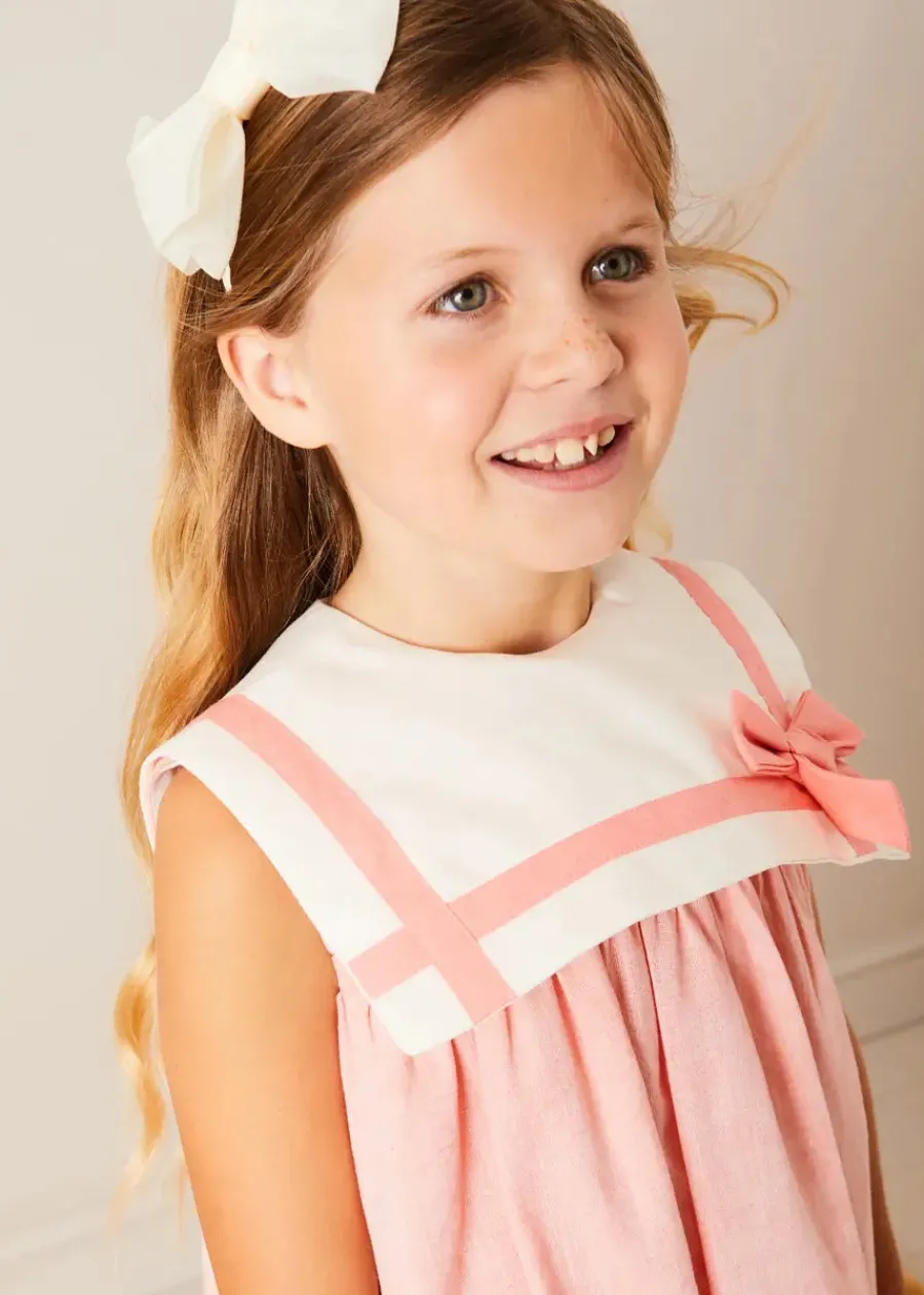 Pepa London Linen Blend Trapeze Dress in Peach Orange (12mths-10yrs) | Openwork Cotton Cardigan in Cream (6mths-10yrs) | Girls Ivory Leather Mary Jane Shoes (20-34EU) | Traditional Big Bow Tulle Hairband in Ivory