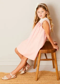 Pepa London Linen Blend Trapeze Dress in Peach Orange (12mths-10yrs) | Openwork Cotton Cardigan in Cream (6mths-10yrs) | Girls Ivory Leather Mary Jane Shoes (20-34EU) | Traditional Big Bow Tulle Hairband in Ivory