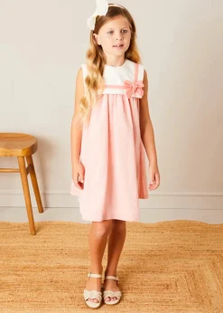 Pepa London Linen Blend Trapeze Dress in Peach Orange (12mths-10yrs) | Openwork Cotton Cardigan in Cream (6mths-10yrs) | Girls Ivory Leather Mary Jane Shoes (20-34EU) | Traditional Big Bow Tulle Hairband in Ivory