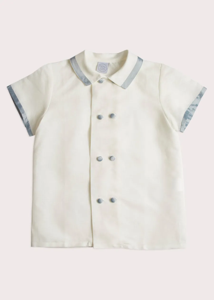BOY Pepa London Linen Boys Celebration Shirt White with Blue Silk piping (3-10yrs)