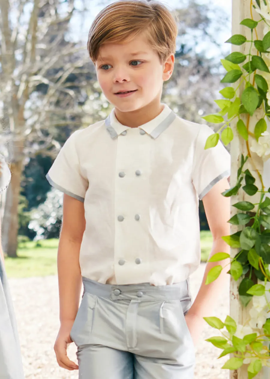 BOY Pepa London Linen Boys Celebration Shirt White with Blue Silk piping (3-10yrs)