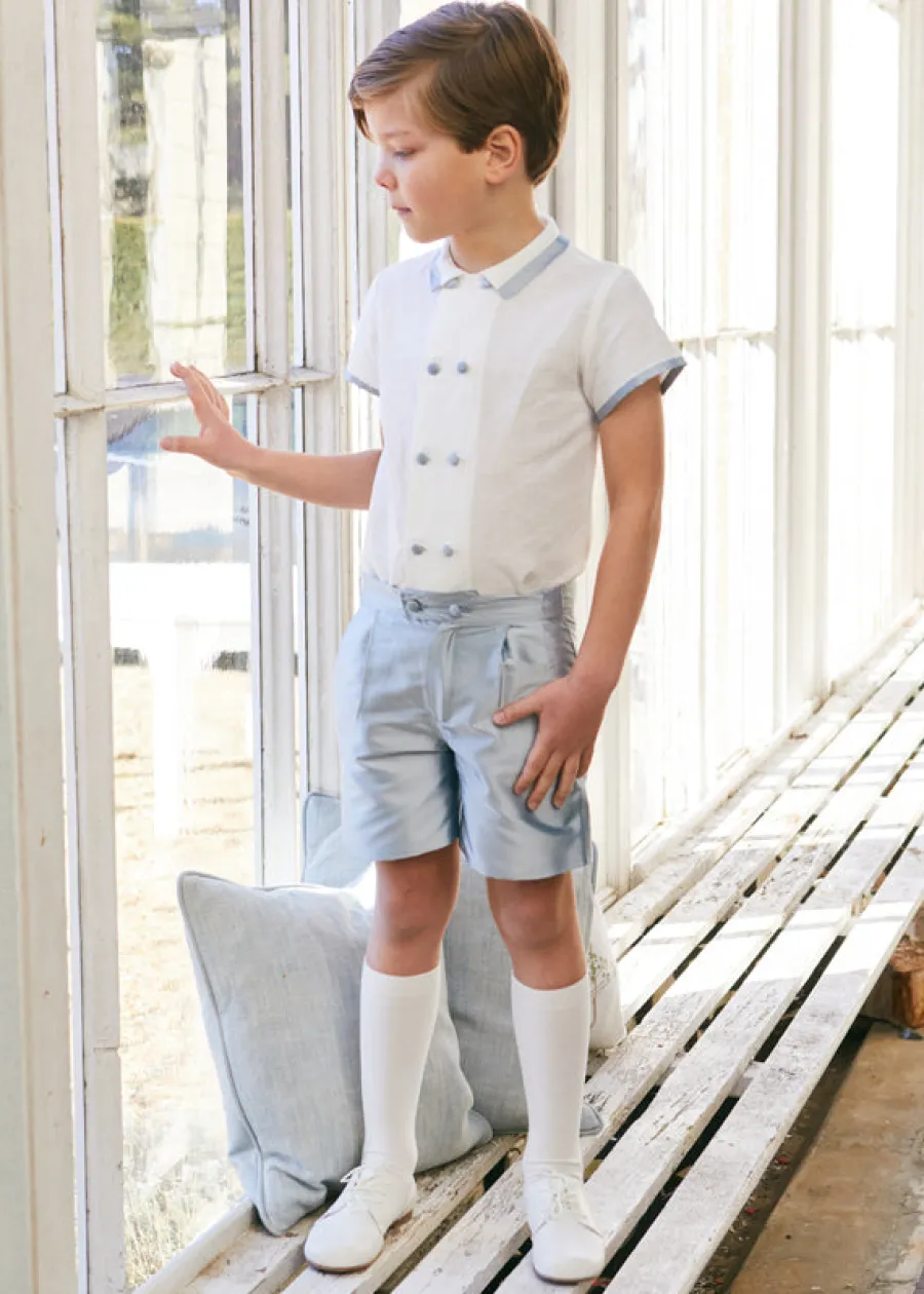 BOY Pepa London Linen Boys Celebration Shirt White with Blue Silk piping (3-10yrs)