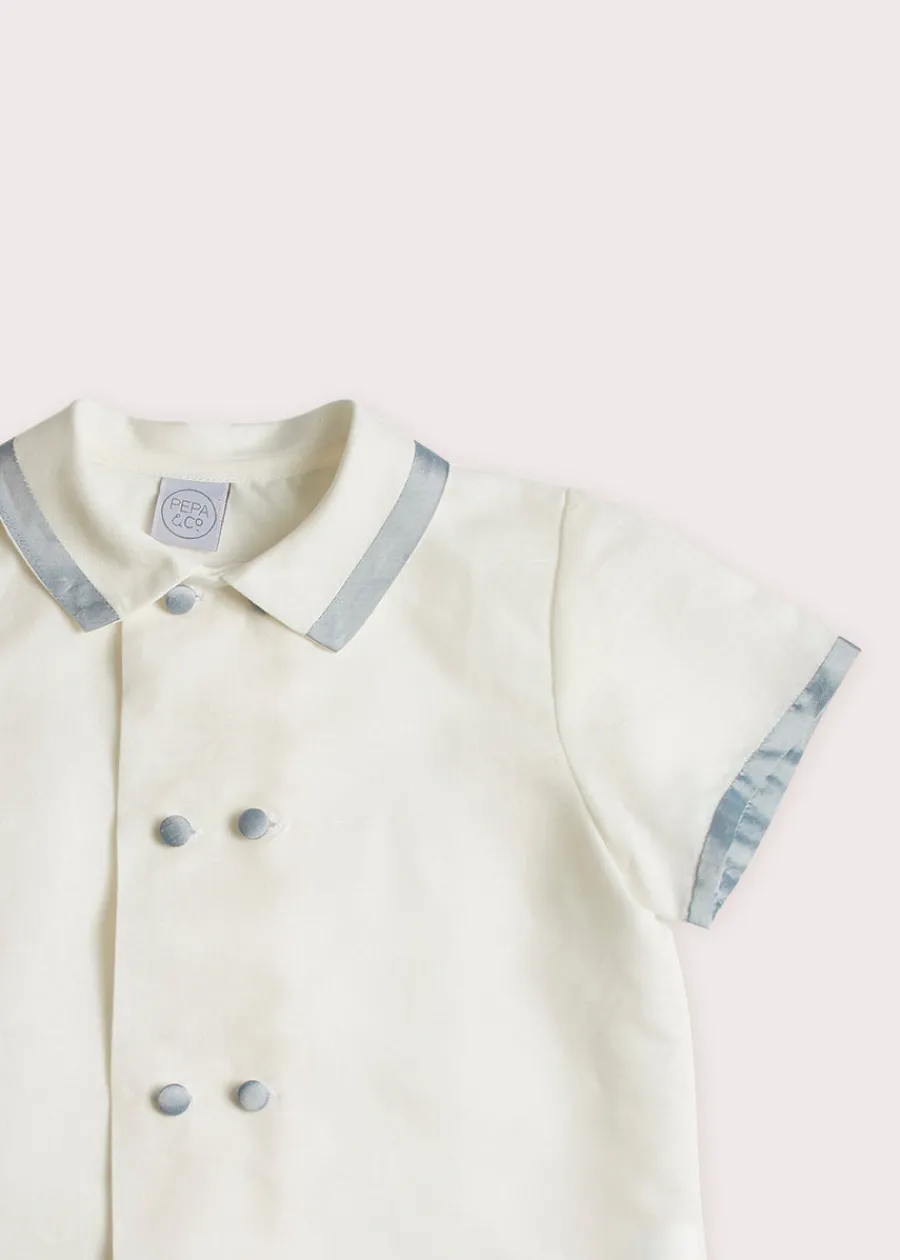 BOY Pepa London Linen Boys Celebration Shirt White with Blue Silk piping (3-10yrs)