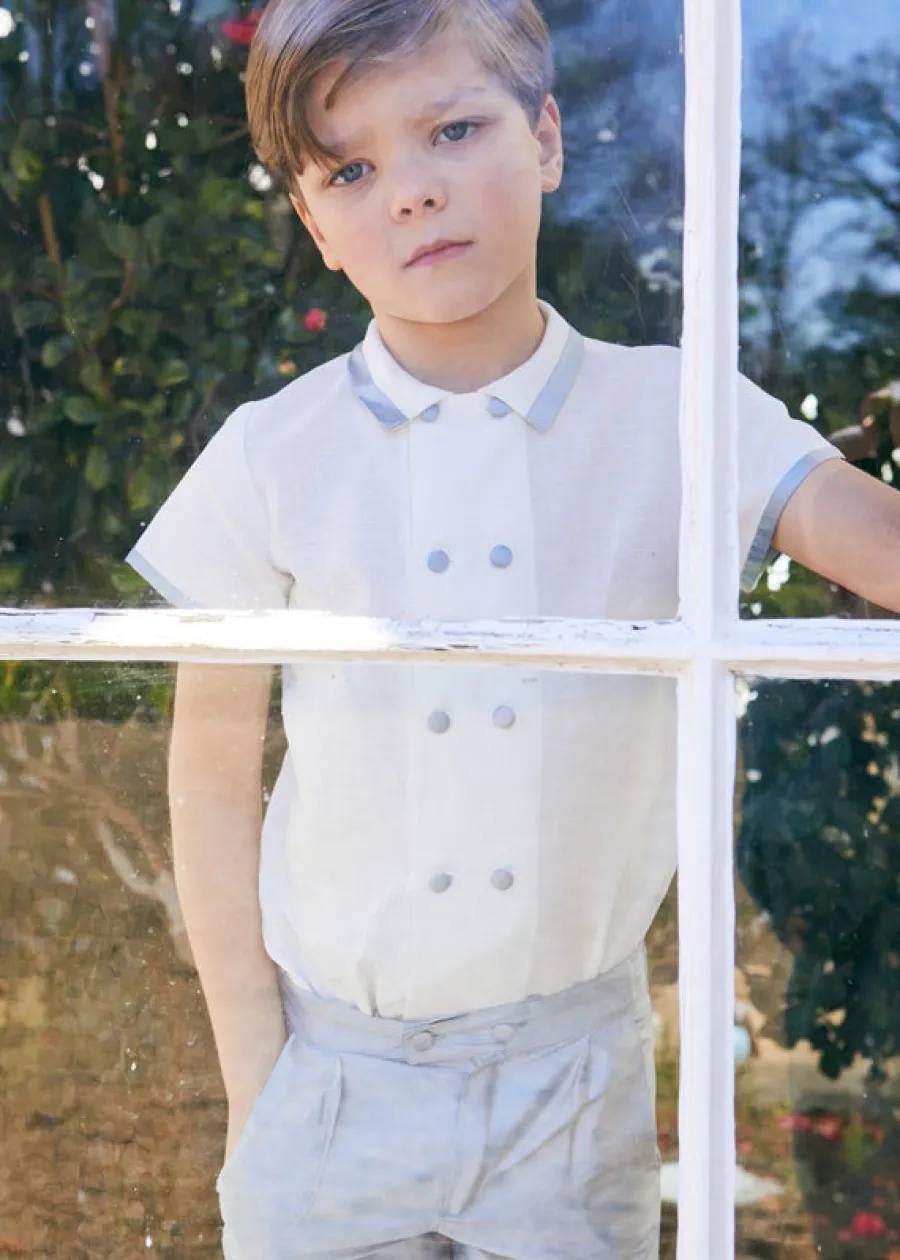 BOY Pepa London Linen Boys Celebration Shirt White with Blue Silk piping (3-10yrs)