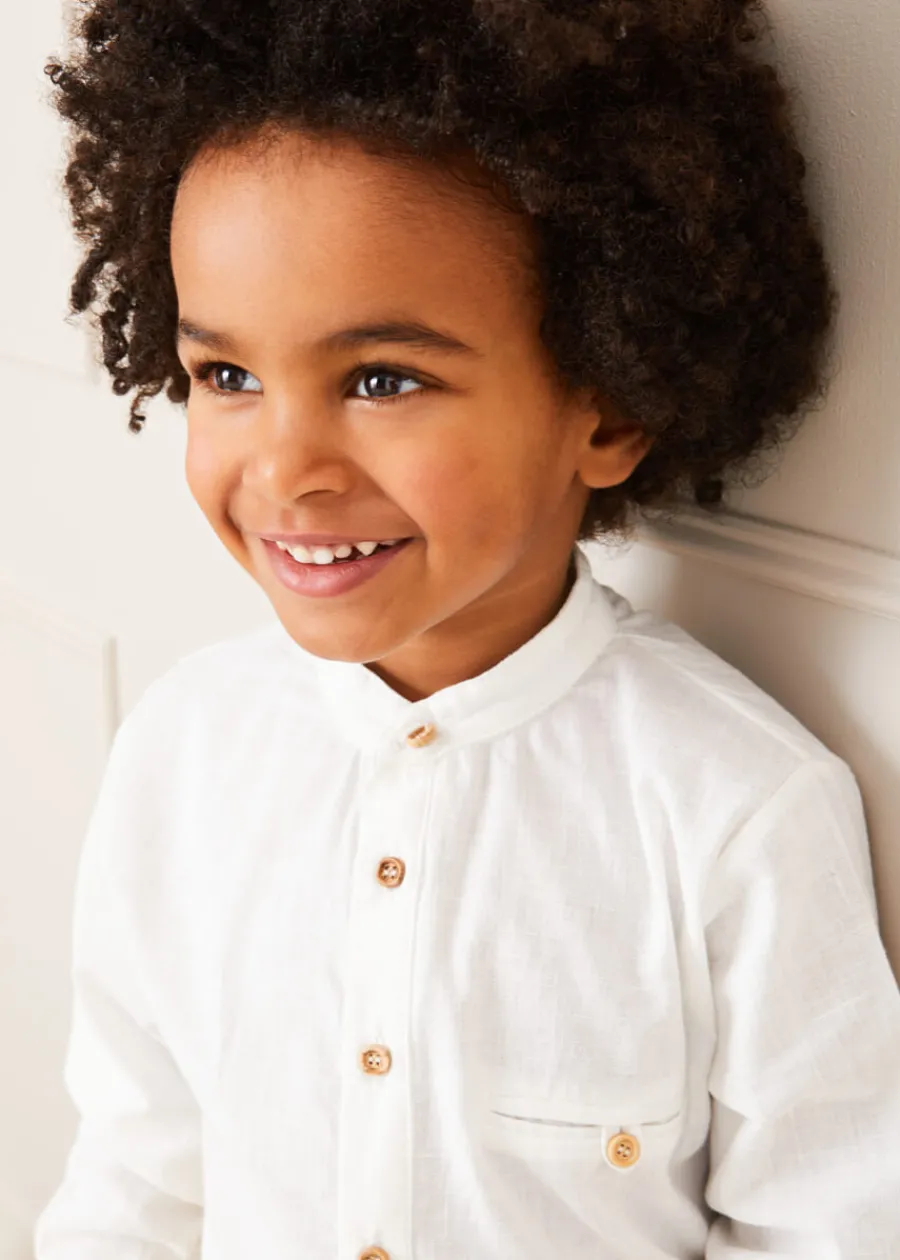 BOY Pepa London Linen Mao Collar Long Sleeve Shirt in White (12mths-10yrs)