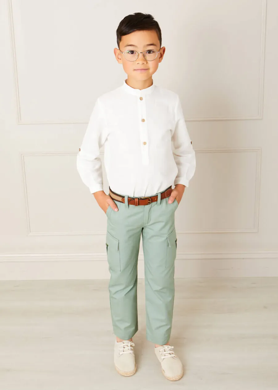 BOY Pepa London Linen Mao Collar Long Sleeve Shirt in White (12mths-10yrs)