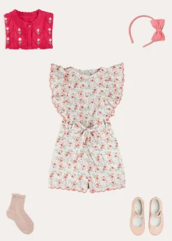 Pepa London Louisa Floral Ruffle Detail Playsuit in Pink (4-12yrs) | Leather Mary Jane Shoes in Pink (24-34EU) | Openwork short socks - Dusty Pink (0mths-10yrs) | Raspberry Linen Hairband