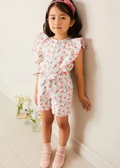 Pepa London Louisa Floral Ruffle Detail Playsuit in Pink (4-12yrs) | Leather Mary Jane Shoes in Pink (24-34EU) | Openwork short socks - Dusty Pink (0mths-10yrs) | Raspberry Linen Hairband