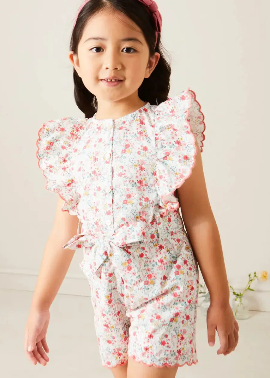 Pepa London Louisa Floral Ruffle Detail Playsuit in Pink (4-12yrs) | Leather Mary Jane Shoes in Pink (24-34EU) | Openwork short socks - Dusty Pink (0mths-10yrs) | Raspberry Linen Hairband