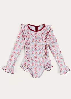 Pepa London Louisa Floral Ruffle Trim Long Sleeve Swimsuit in Pink (2-10yrs)