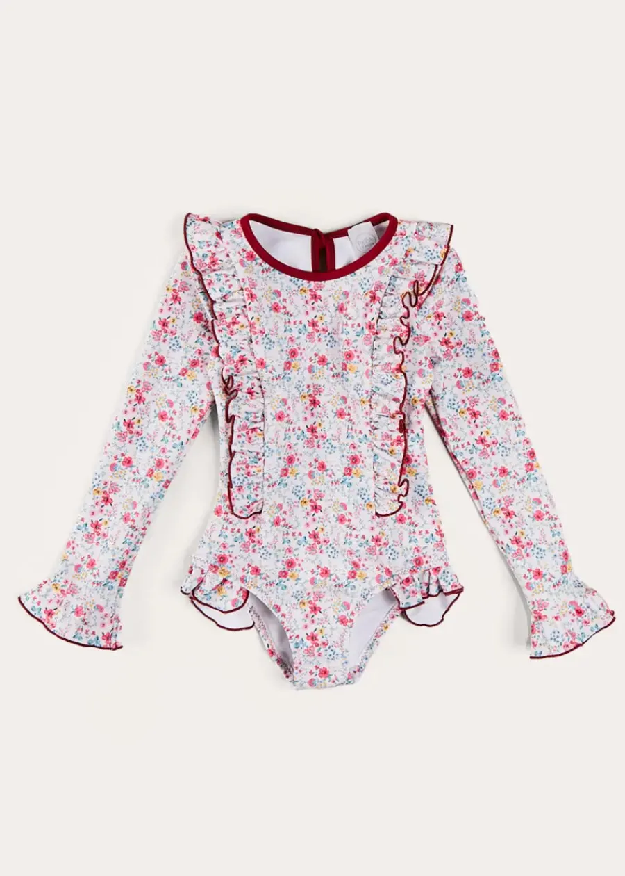 Pepa London Louisa Floral Ruffle Trim Long Sleeve Swimsuit in Pink (2-10yrs)