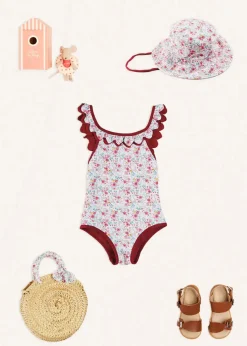 Pepa London Louisa Floral Ruffle Trim Swimsuit in Pink (2-10yrs) | Louisa Floral Beach Hat in Pink (S-M) | Louisa Floral Detail Raffia Bag in Coral | Leather Buckle Detail Sandals in Camel (24-34EU)