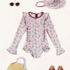 Pepa London Louisa Floral Ruffle Trim Long Sleeve Swimsuit in Pink (2-10yrs) | Louisa Floral Beach Hat in Pink (S-M) | Open Toe Leather Sandals in Brown (17-30EU) | Louisa Floral Detail Raffia Bag in Coral