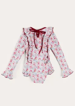 Pepa London Louisa Floral Ruffle Trim Long Sleeve Swimsuit in Pink (2-10yrs)