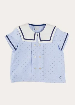BOY Pepa London Lyall Stripe Anchor Motif Mariner Collar Short Sleeve Shirt in Blue (12mths-6yrs)