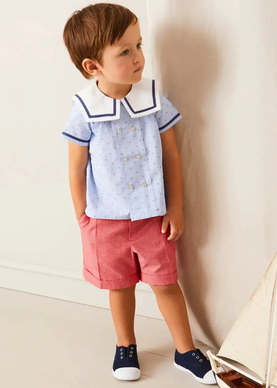 BOY Pepa London Lyall Stripe Anchor Motif Mariner Collar Short Sleeve Shirt in Blue (12mths-6yrs)