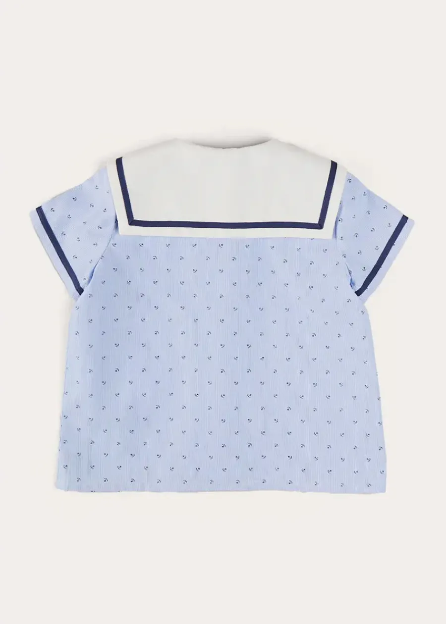 BOY Pepa London Lyall Stripe Anchor Motif Mariner Collar Short Sleeve Shirt in Blue (12mths-6yrs)