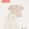 Pepa London Mabel Floral Embroidered Short Sleeve Blouse in Coral (18mths-10yrs) | Wide Leg Front Button Trousers in Beige (2-10yrs) | Floral Openwork Cotton Cardigan in Pink (2-10yrs) | Openwork short socks - Dusty Pink (0mths-10yrs) | Leather Mary Jane Shoes in Pink (24-34EU) | Mabel Floral Hairband in Coral