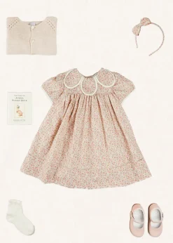 Pepa London Mabel Floral Statement Collar Short Sleeve Dress in Coral (12mths-10yrs) | Plain Cardigan in Cream (6mths-10yrs) | Mary Jane Baby Shoes in Pink (20-26EU) | Mabel Floral Hairband in Coral | Openwork short socks White (0mths-8yrs)