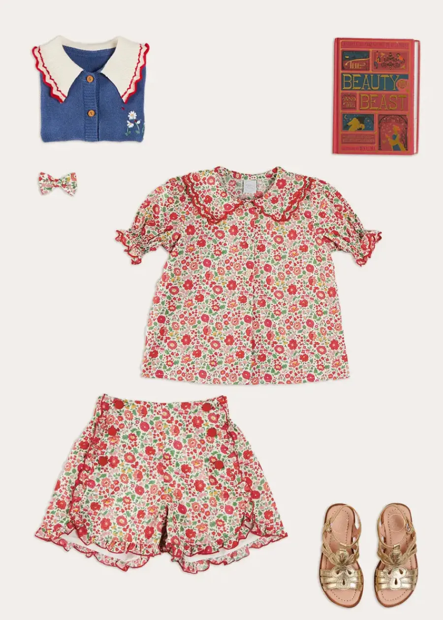 Pepa London Margot Floral Short Sleeve Blouse in Red Made with Liberty Fabric (18m-12yrs) | Margot Floral Shorts in Red Made with Liberty Fabric (18m-12yrs) | Statement Collar Floral Embroidery Cardigan in Navy (2-10yrs) | Metallic Strappy Leather Sandals in Gold (24-35EU) | Margot Floral Small Bow Clip in Red Made with Liberty Fabric | The Beauty & The Beast Book