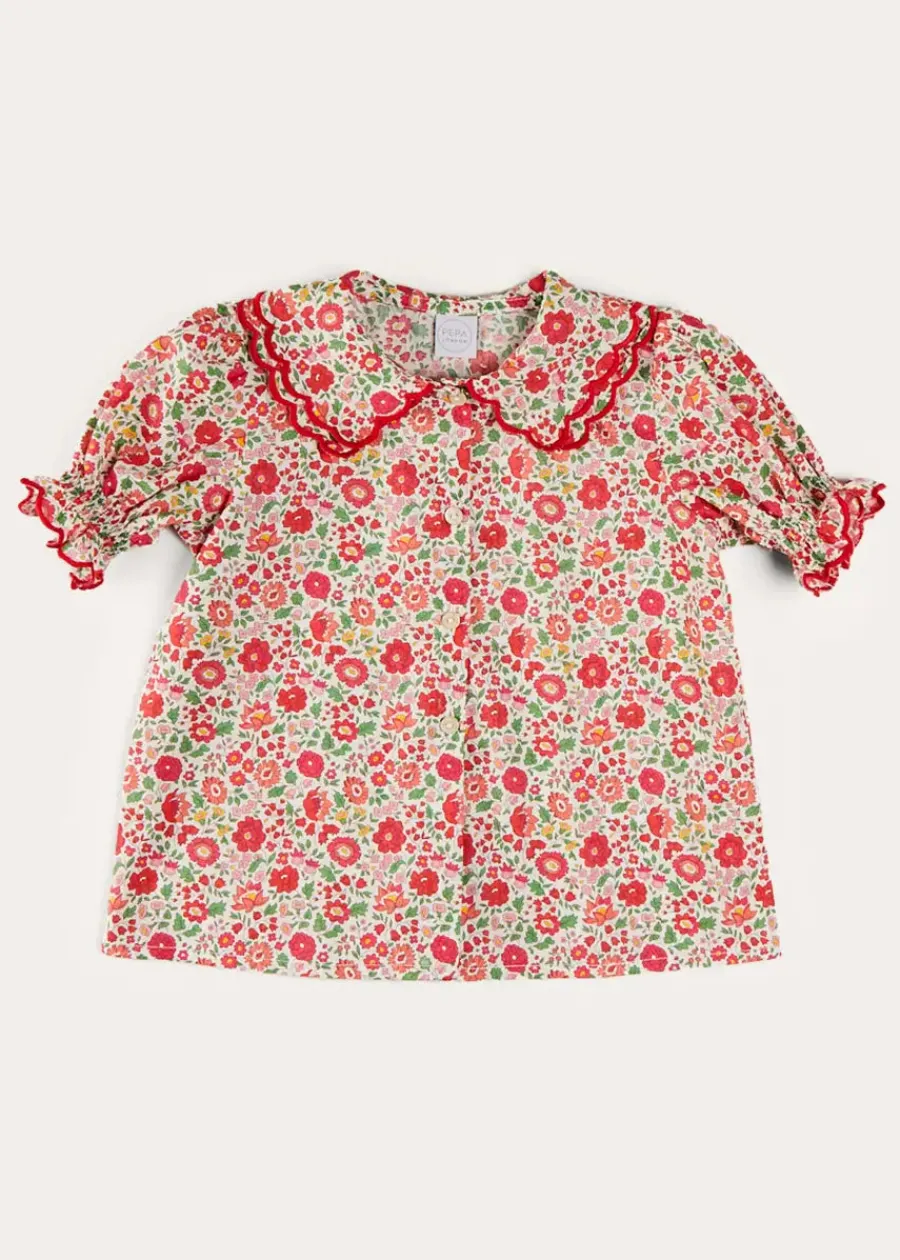 Pepa London Margot Floral Short Sleeve Blouse in Red Made with Liberty Fabric (18m-12yrs)