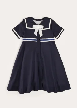 Pepa London Mariner Collar Bow Detail Short Sleeve Dress in Navy (4-12yrs)