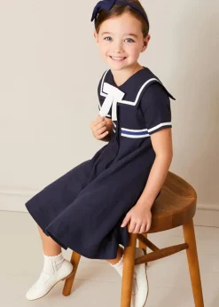 Pepa London Mariner Collar Bow Detail Short Sleeve Dress in Navy (4-12yrs)
