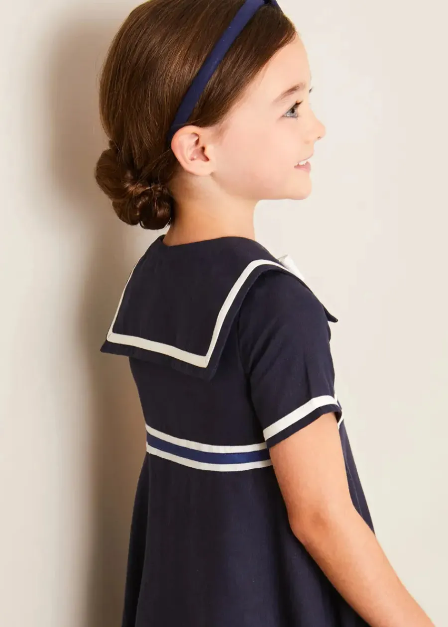 Pepa London Mariner Collar Bow Detail Short Sleeve Dress in Navy (4-12yrs)