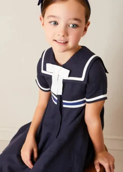 Pepa London Mariner Collar Bow Detail Short Sleeve Dress in Navy (4-12yrs)