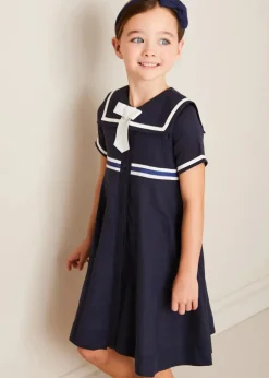 Pepa London Mariner Collar Bow Detail Short Sleeve Dress in Navy (4-12yrs)