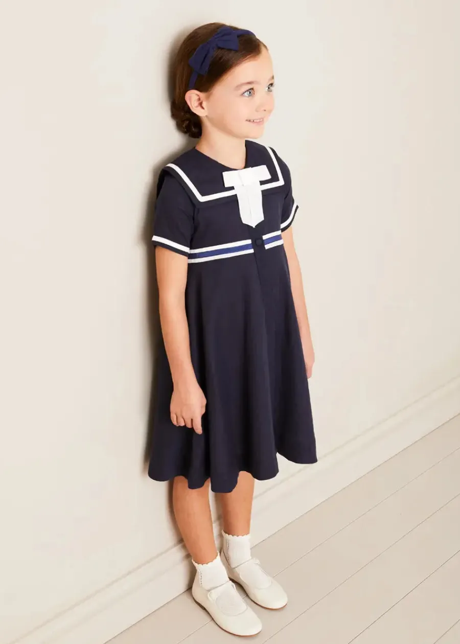 Pepa London Mariner Collar Bow Detail Short Sleeve Dress in Navy (4-12yrs)