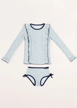 Pepa London Matilda Floral Print Ruffle Trim Long Sleeve Swim Set in Blue (12mths-6yrs)