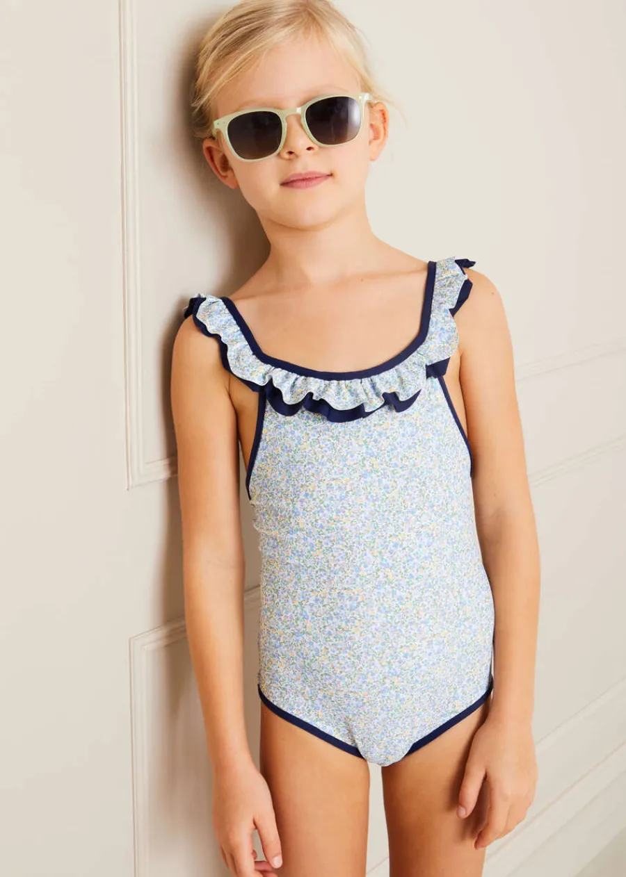 Pepa London Matilda Floral Print Ruffle Trim Swimsuit in Blue (2-8yrs)