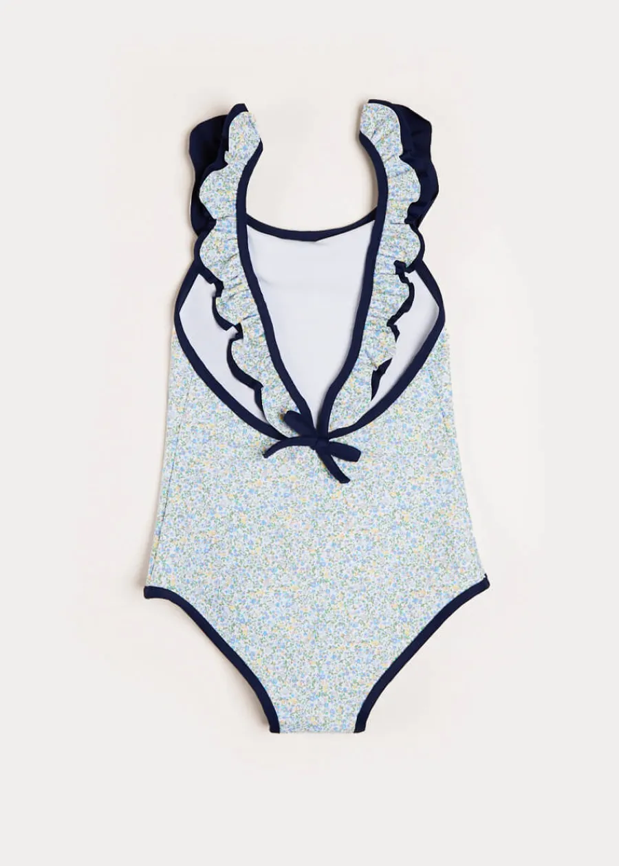 Pepa London Matilda Floral Print Ruffle Trim Swimsuit in Blue (2-8yrs)