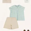 BOY Pepa London Maxwell Gingham Peter Pan Collar Short Sleeve Shirt in Green (18mths-5yrs) | Faux Pocket Elasticated Waist Shorts in Ivory (12mths-4yrs) | Plain Cardigan in Cream (6mths-10yrs) | Leather Fishermans Sandals in Navy (21-27EU)