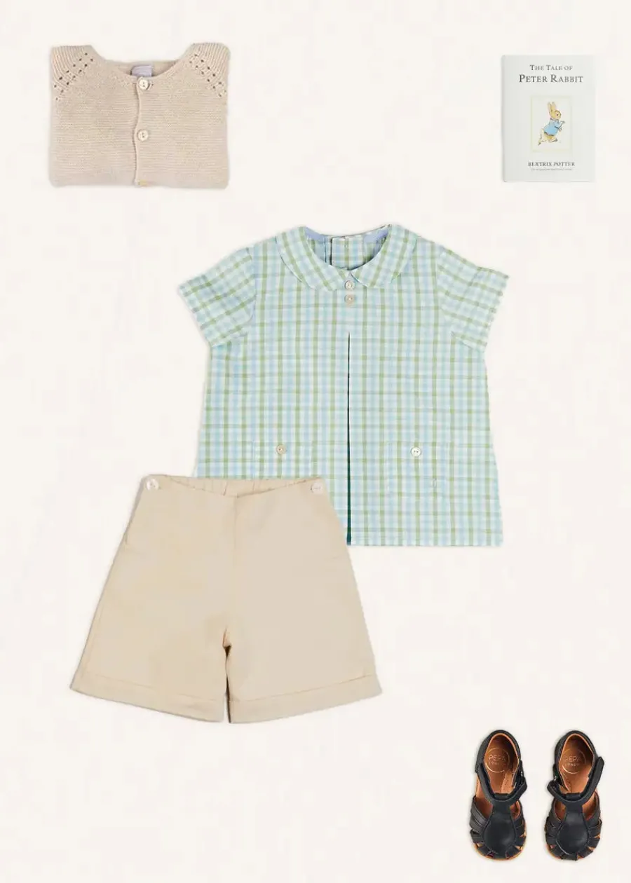 BOY Pepa London Maxwell Gingham Peter Pan Collar Short Sleeve Shirt in Green (18mths-5yrs) | Faux Pocket Elasticated Waist Shorts in Ivory (12mths-4yrs) | Plain Cardigan in Cream (6mths-10yrs) | Leather Fishermans Sandals in Navy (21-27EU)