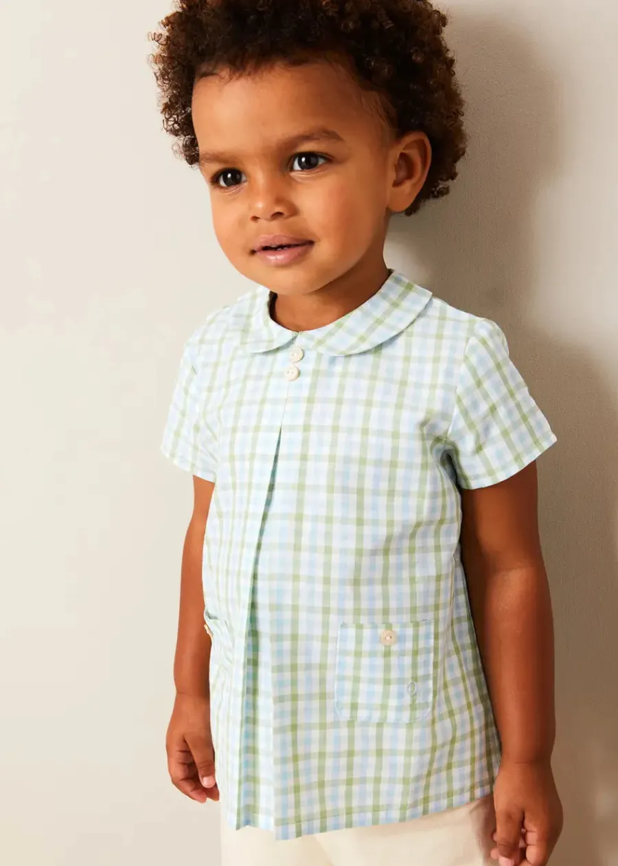 BOY Pepa London Maxwell Gingham Peter Pan Collar Short Sleeve Shirt in Green (18mths-5yrs)
