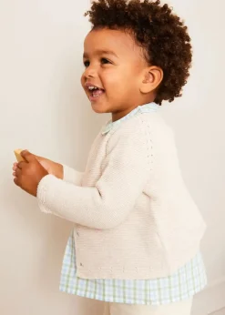 BOY Pepa London Maxwell Gingham Peter Pan Collar Short Sleeve Shirt in Green (18mths-5yrs) | Faux Pocket Elasticated Waist Shorts in Ivory (12mths-4yrs) | Plain Cardigan in Cream (6mths-10yrs) | Leather Fishermans Sandals in Navy (21-27EU)