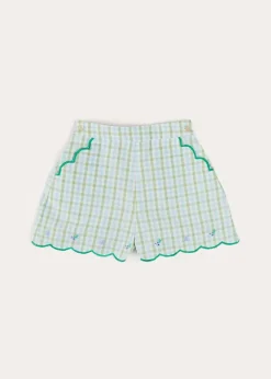 Pepa London Maxwell Gingham Scallop Trim Embroidered Shorts in Green (18mths-10yrs)