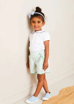 Pepa London Maxwell Gingham Scallop Trim Embroidered Shorts in Green (18mths-10yrs)