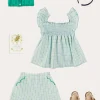 Pepa London Maxwell Gingham Smock Detail Blouse in Green (5-10yrs) | Maxwell Gingham Scallop Trim Embroidered Shorts in Green (18mths-10yrs) | Floral Openwork Cotton Cardigan in Green (2-10yrs) | Leather Woven Detail Sandals in Beige (24-35EU) | Navy Linen Big Bow Hairband | Flower Fairies of the Spring Book in White