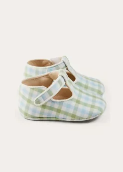 BOY Pepa London Maxwell Gingham T-Bar Pram Shoes in Green (17-20EU)