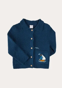 BOY Pepa London Nautical Boat Embroidery Polo Collar Cardigan in Blue (12mths-6yrs)