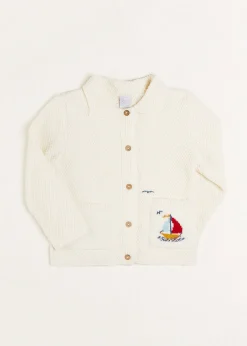 BOY Pepa London Nautical Boat Embroidery Polo Collar Cardigan in Cream (12mths-6yrs)